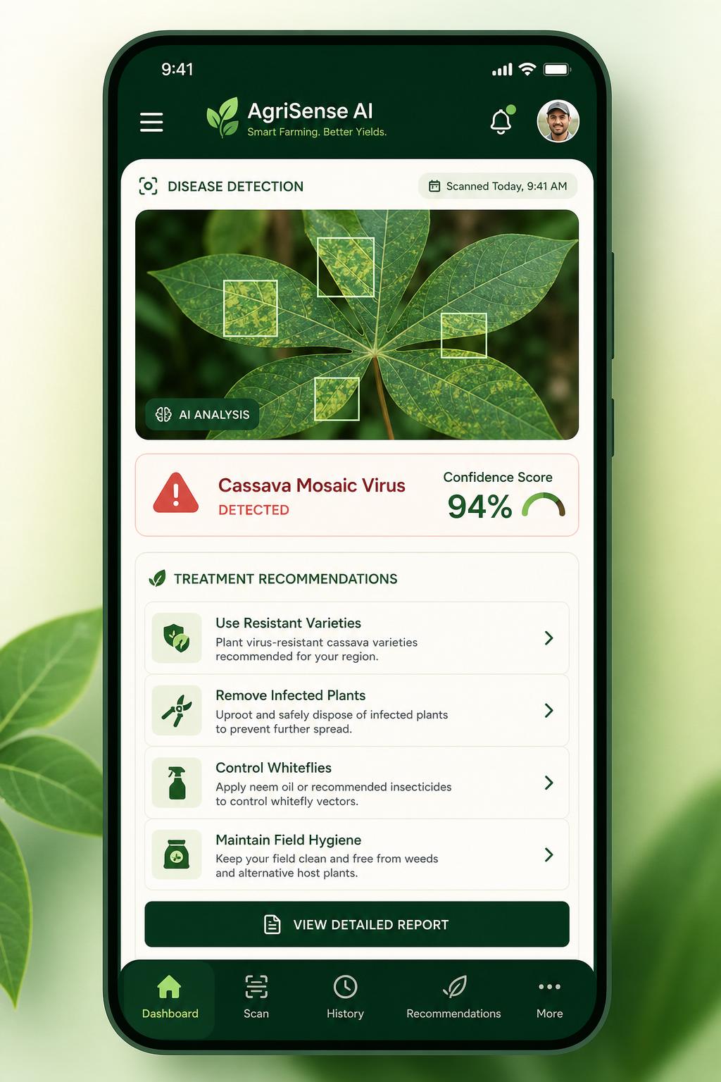 CropSentry mobile app showing disease detection result with treatment recommendations