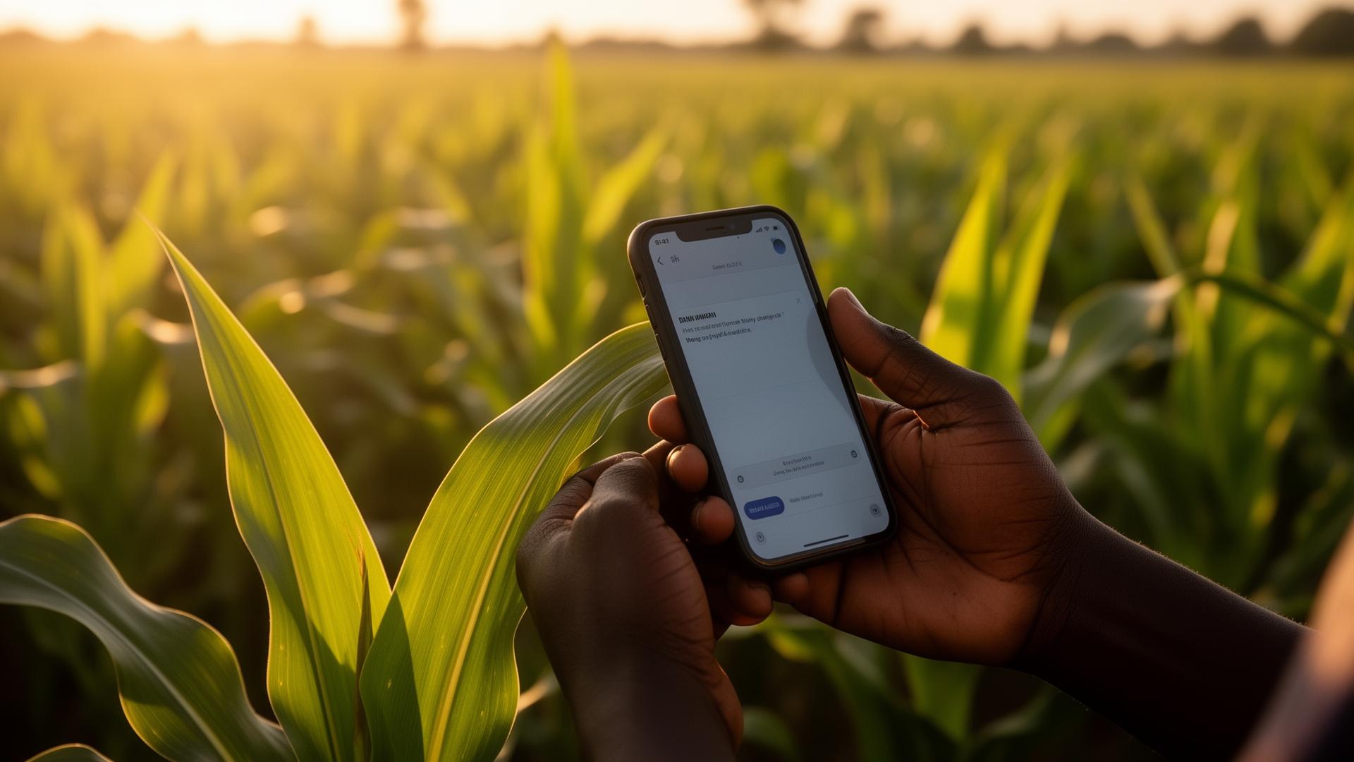 Farmer scanning a maize leaf with the CropSentry mobile app at sunset